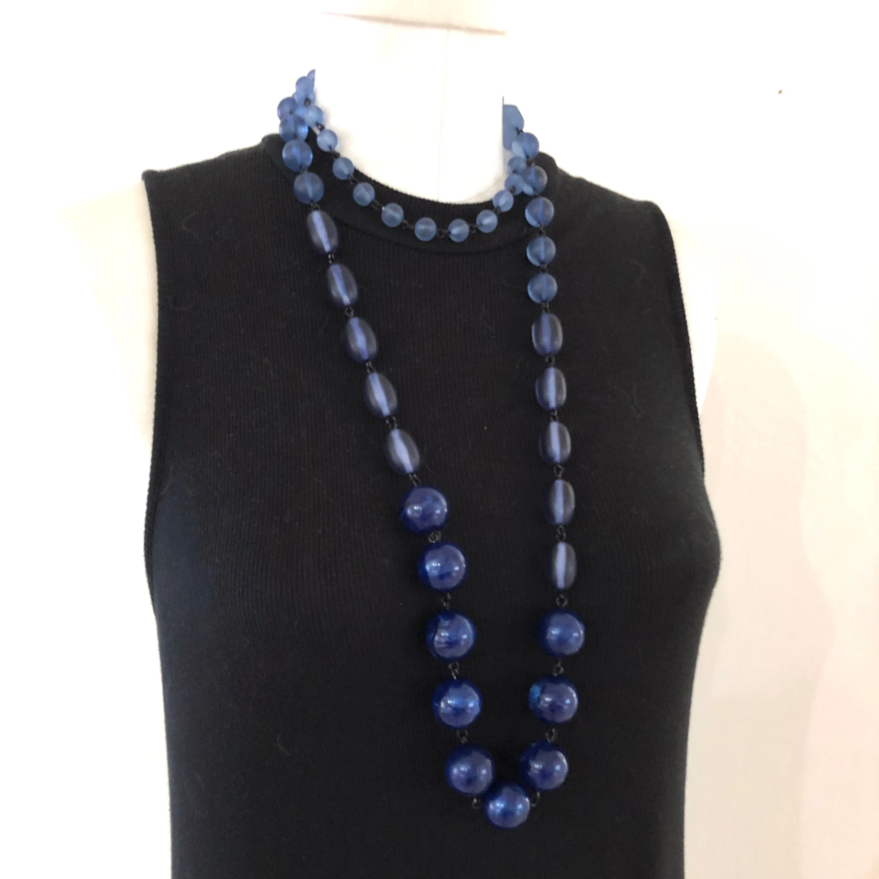 Denim Blue Beaded Rosary Chain Rope Necklace