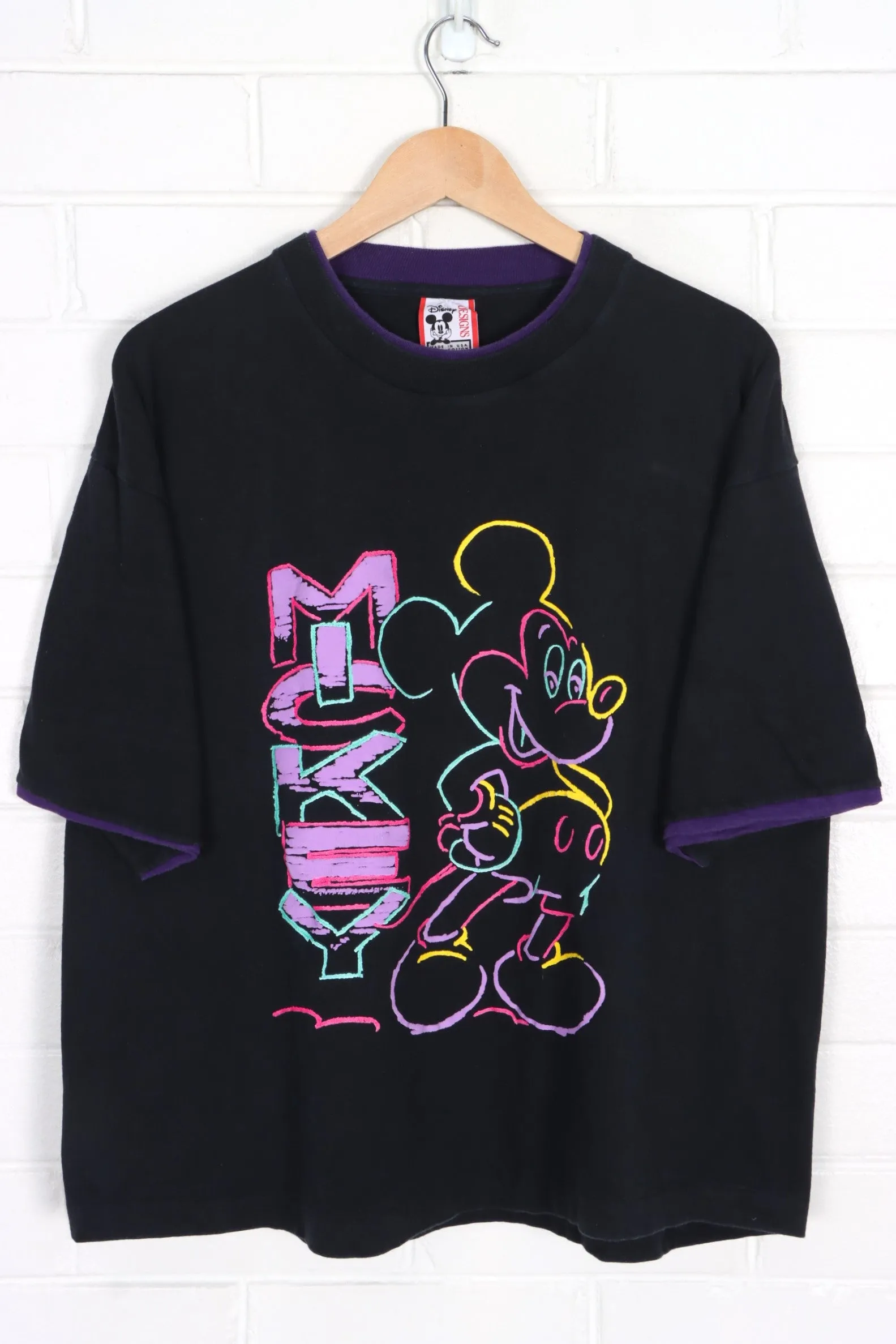 DISNEY 90s Classic Mickey Mouse Neon Black Boxy T-Shirt USA Made (M-L)