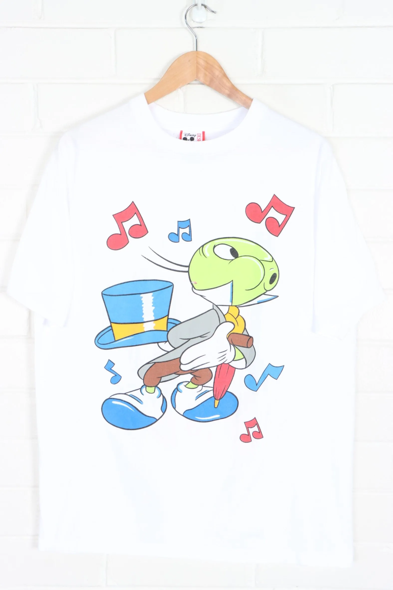 DISNEY Jiminy Cricket Give A Little Whistle Pinocchio Front Back T-Shirt USA Made (L)