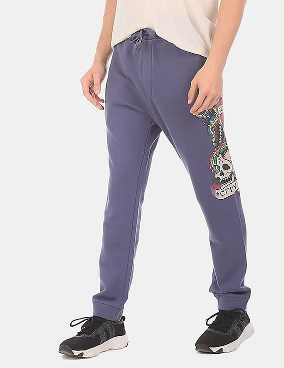 Ed Hardy Men Blue Drawstring Waist Brand Print Joggers