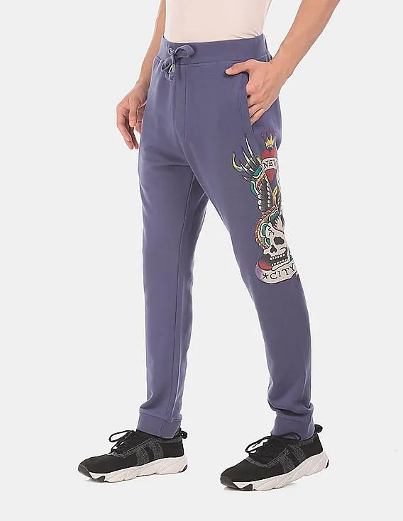 Ed Hardy Men Blue Drawstring Waist Brand Print Joggers