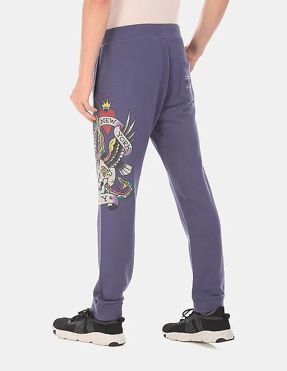 Ed Hardy Men Blue Drawstring Waist Brand Print Joggers