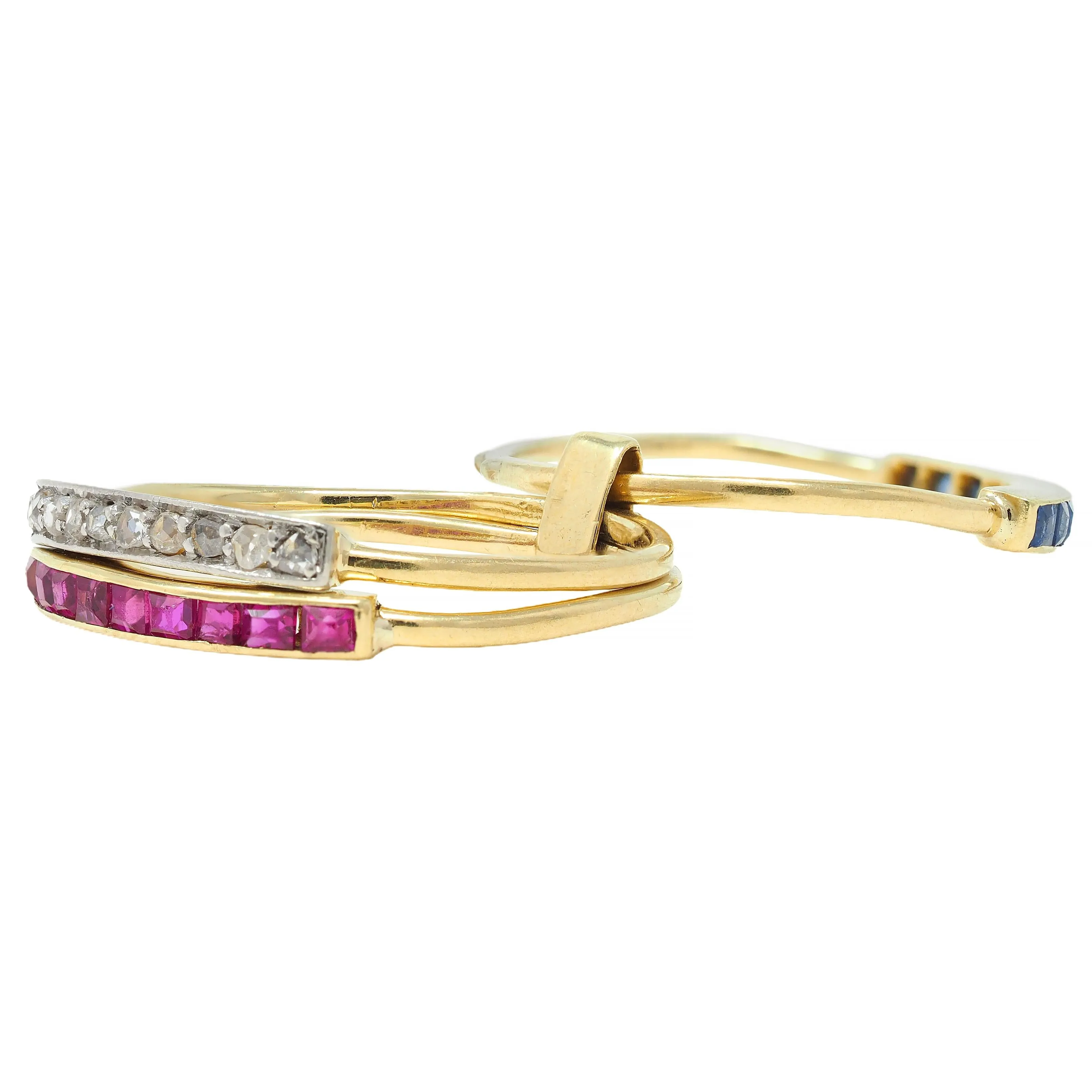 Edwardian 0.62 CTW Sapphire Ruby Diamond Platinum 18 Karat Yellow Gold Antique Harem Flip Ring