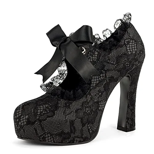 Elerhythm Women's Platform High Heels Lace Mary Jane Ribbon Tie Closed Toe Prom Sexy Elegantes Gothic Pumps Vintage Sweet Dress 