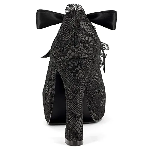 Elerhythm Women's Platform High Heels Lace Mary Jane Ribbon Tie Closed Toe Prom Sexy Elegantes Gothic Pumps Vintage Sweet Dress 