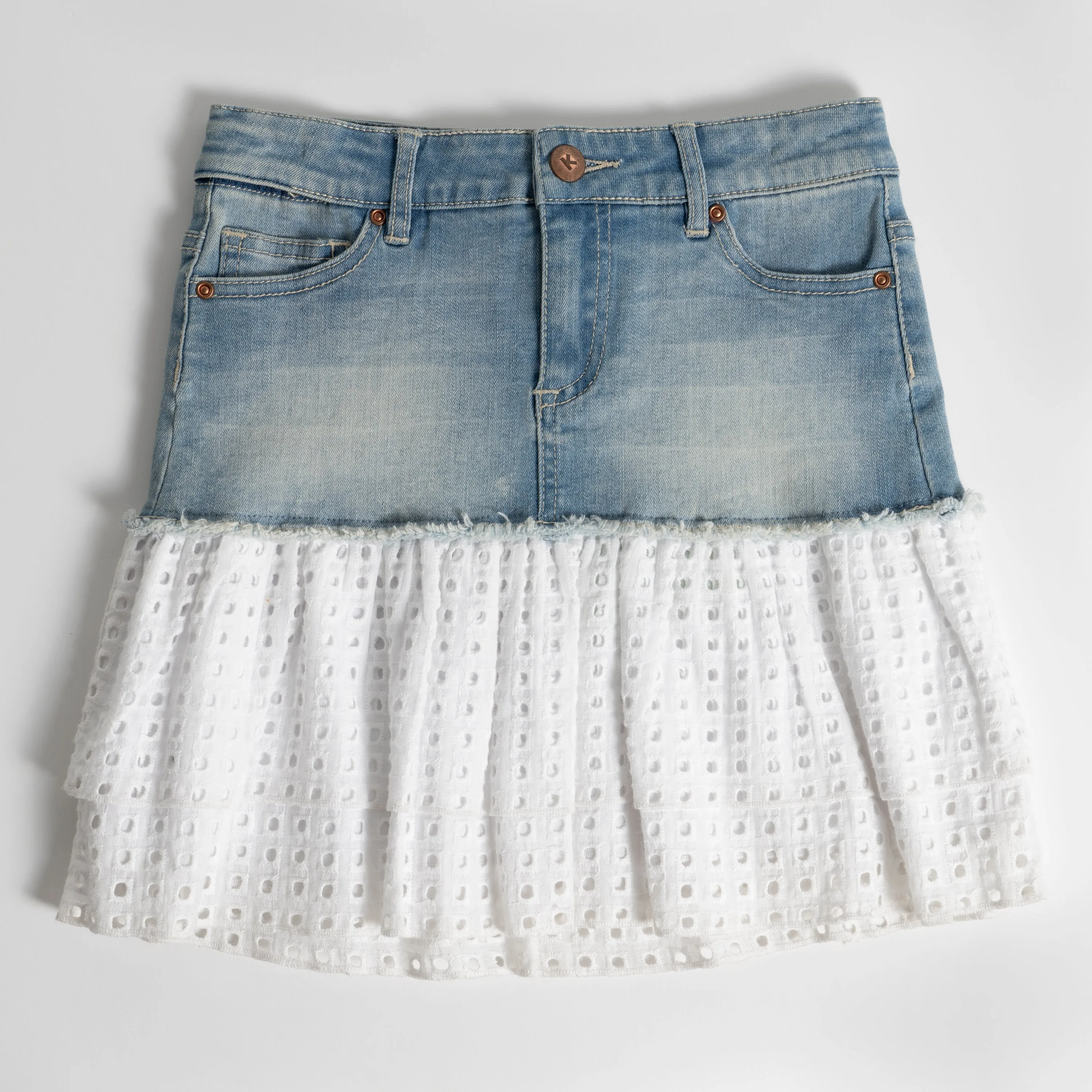 Eyelet Tiered Denim Skirt