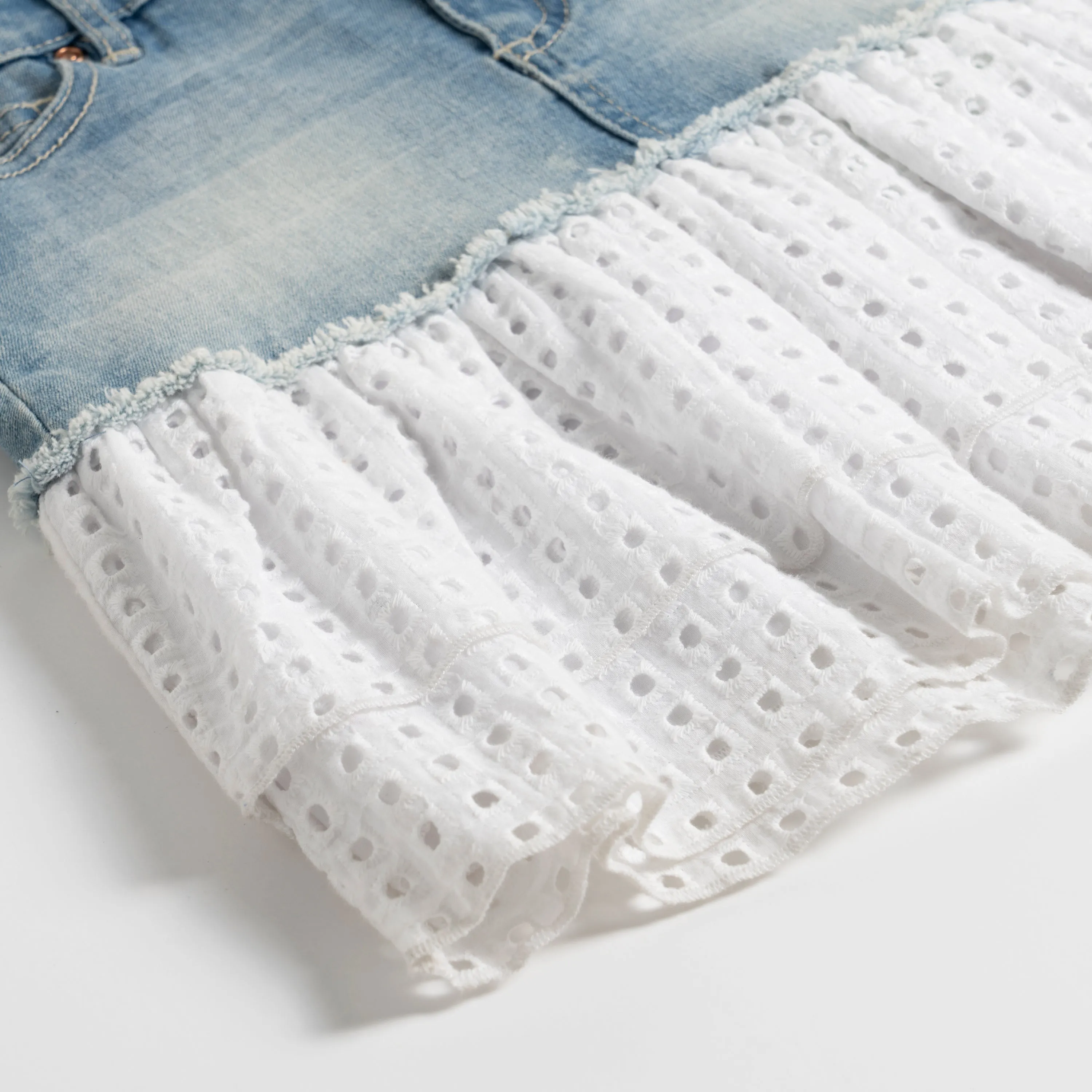 Eyelet Tiered Denim Skirt