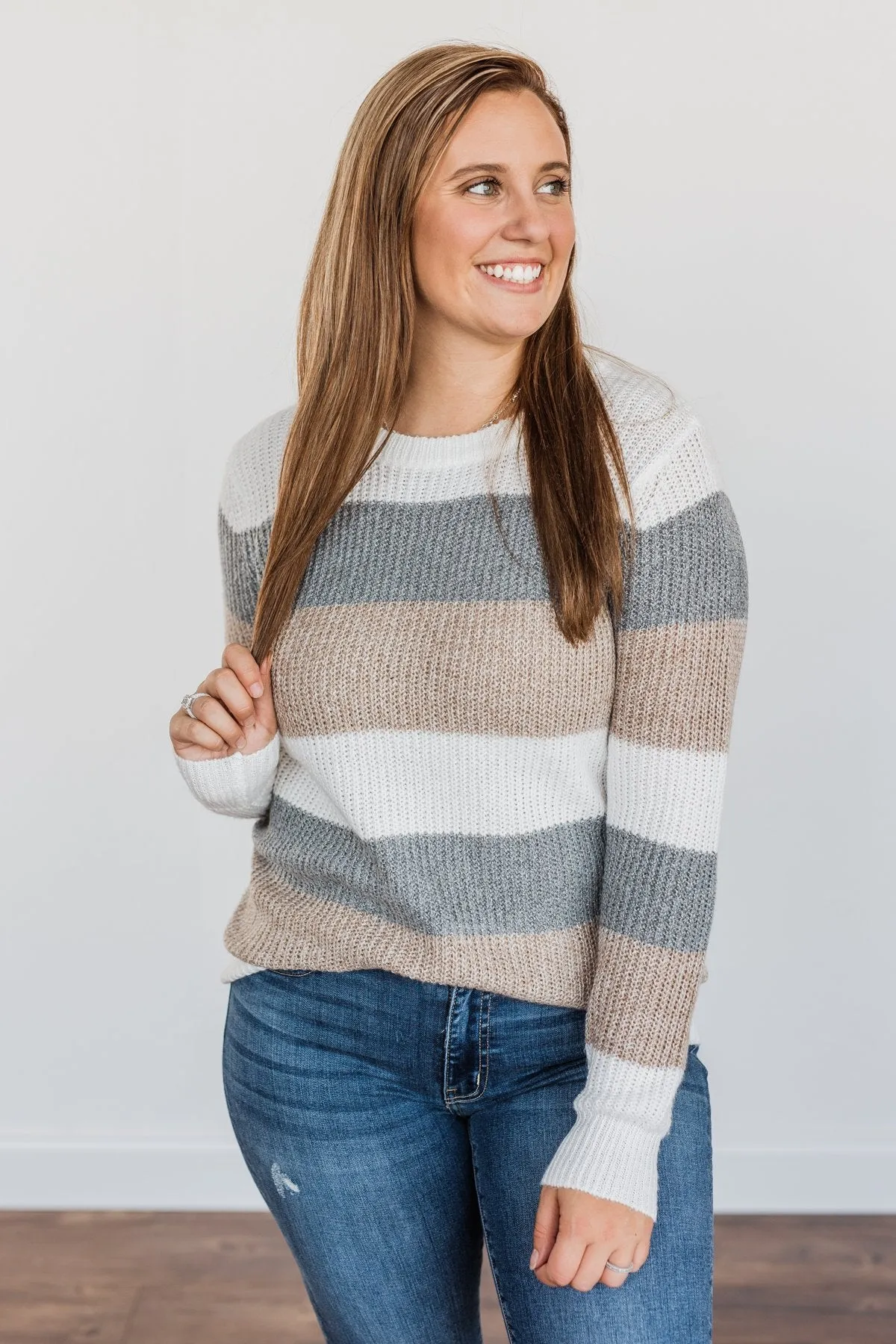 Fall Into Autumn Color Block Knit Sweater- Ivory, Grey & Tan