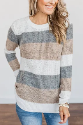 Fall Into Autumn Color Block Knit Sweater- Ivory, Grey & Tan