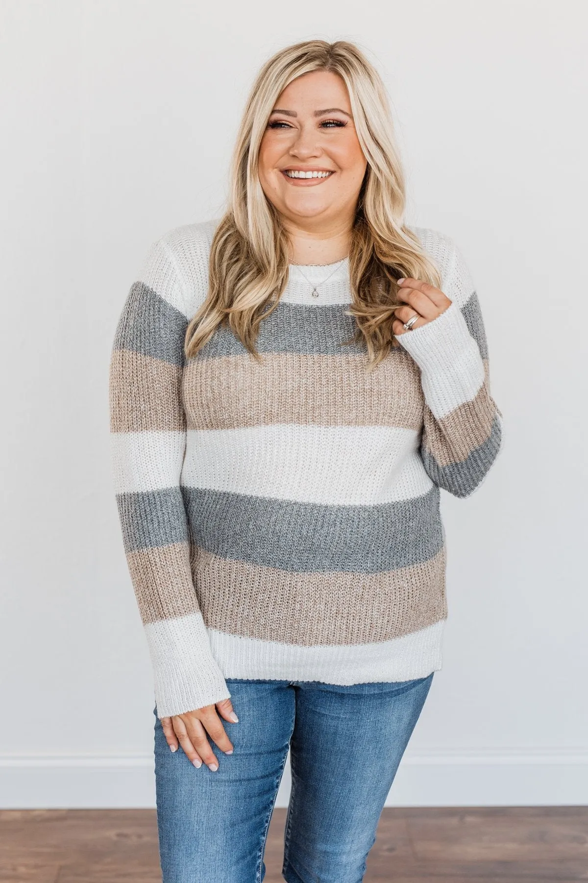 Fall Into Autumn Color Block Knit Sweater- Ivory, Grey & Tan