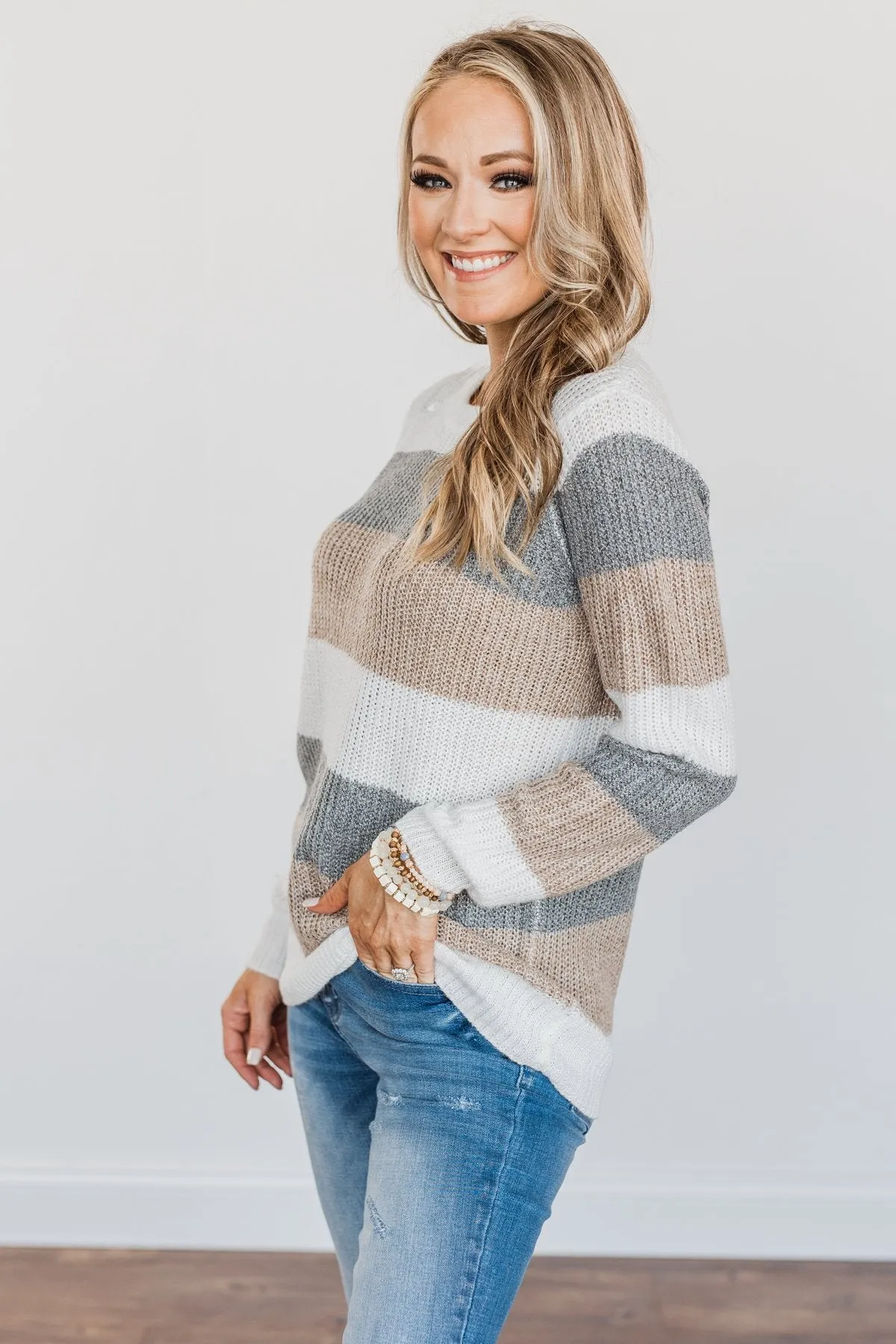 Fall Into Autumn Color Block Knit Sweater- Ivory, Grey & Tan