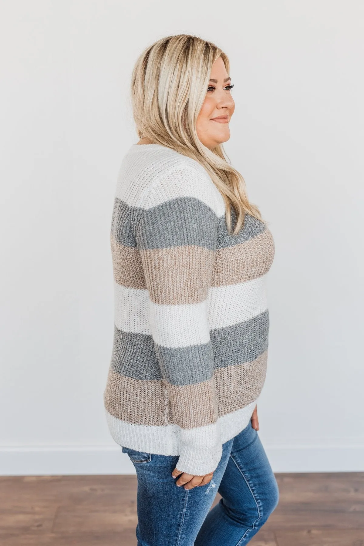 Fall Into Autumn Color Block Knit Sweater- Ivory, Grey & Tan