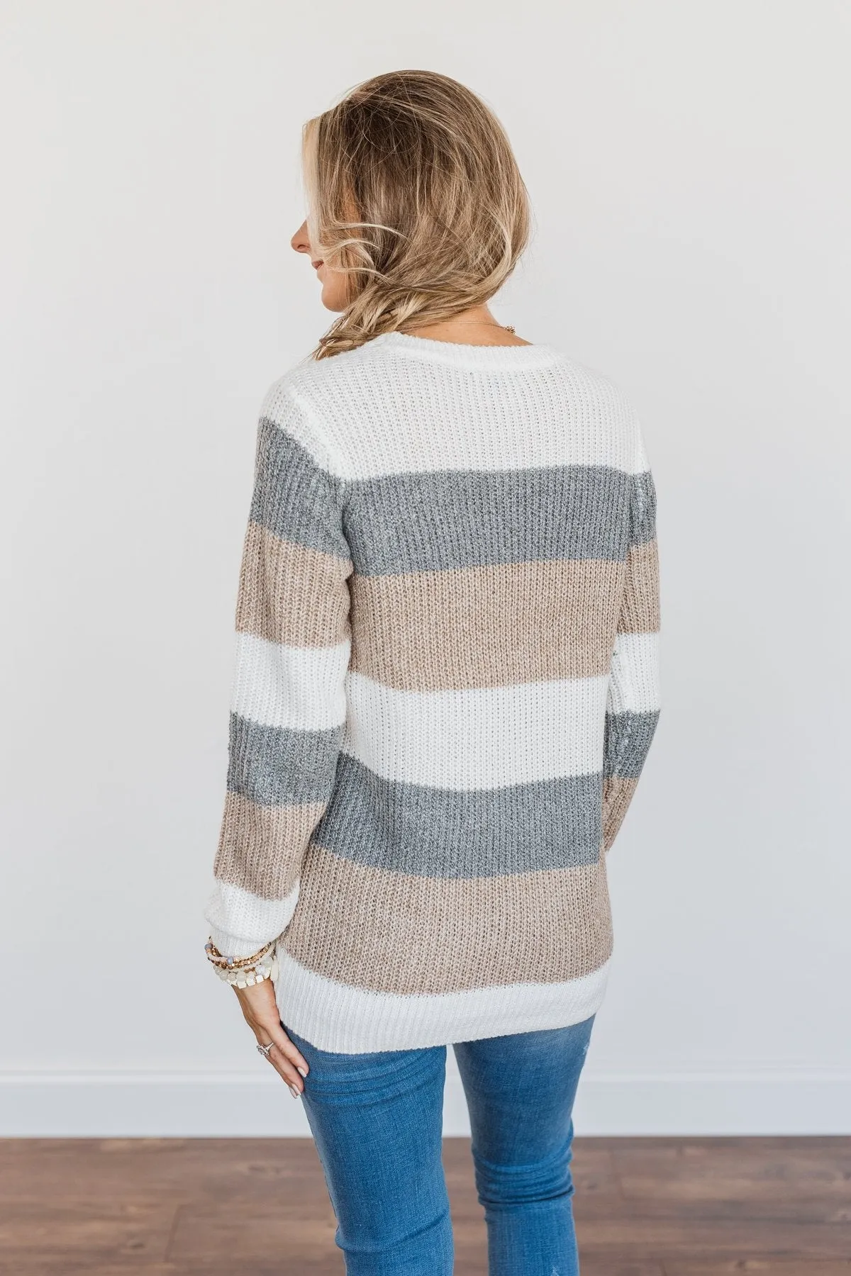 Fall Into Autumn Color Block Knit Sweater- Ivory, Grey & Tan