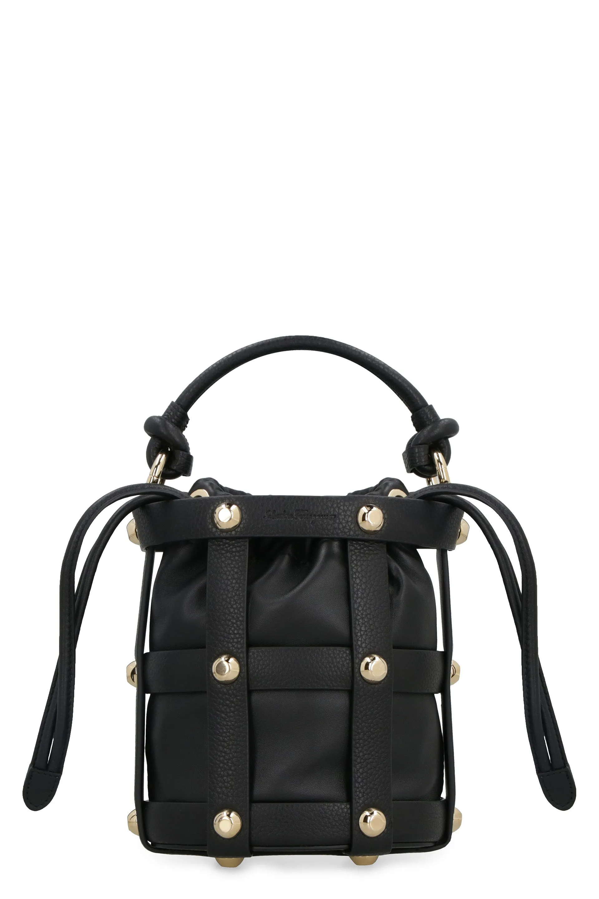 FERRAGAMO Edgy Leather Handbag with Decorative Studs and Drawstring Closure