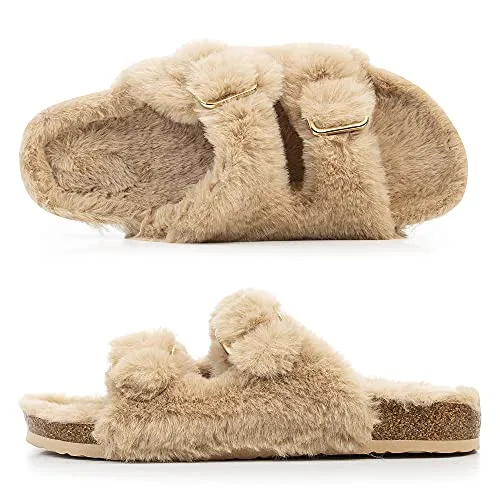 FITORY Womens Open Toe Slipper with Cozy Lining,Faux Rabbit Fur Cork Slide Sandals Camel Size 9