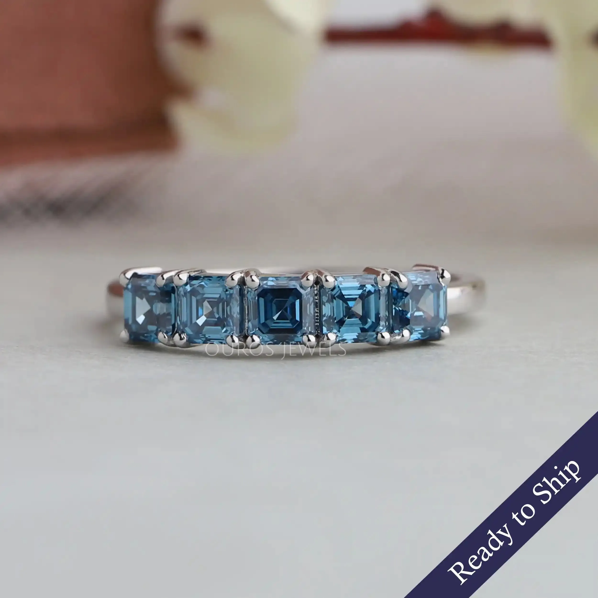 Five Stone Blue Asscher Cut Lab Diamond  Ring