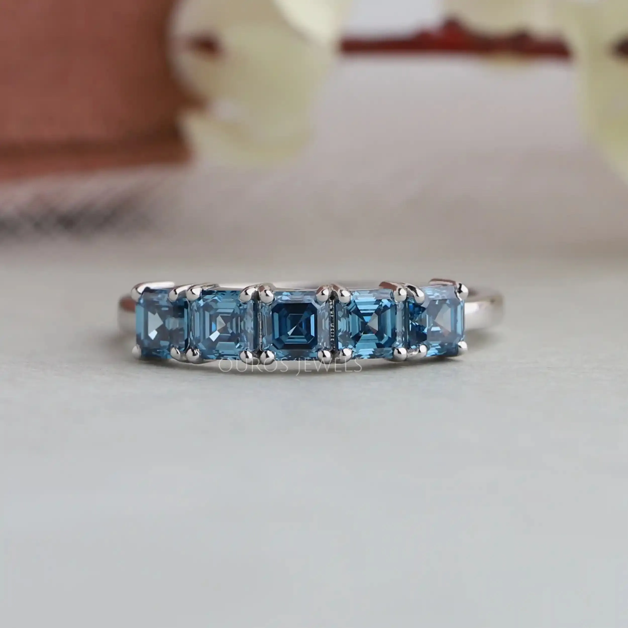 Five Stone Blue Asscher Cut Lab Diamond  Ring