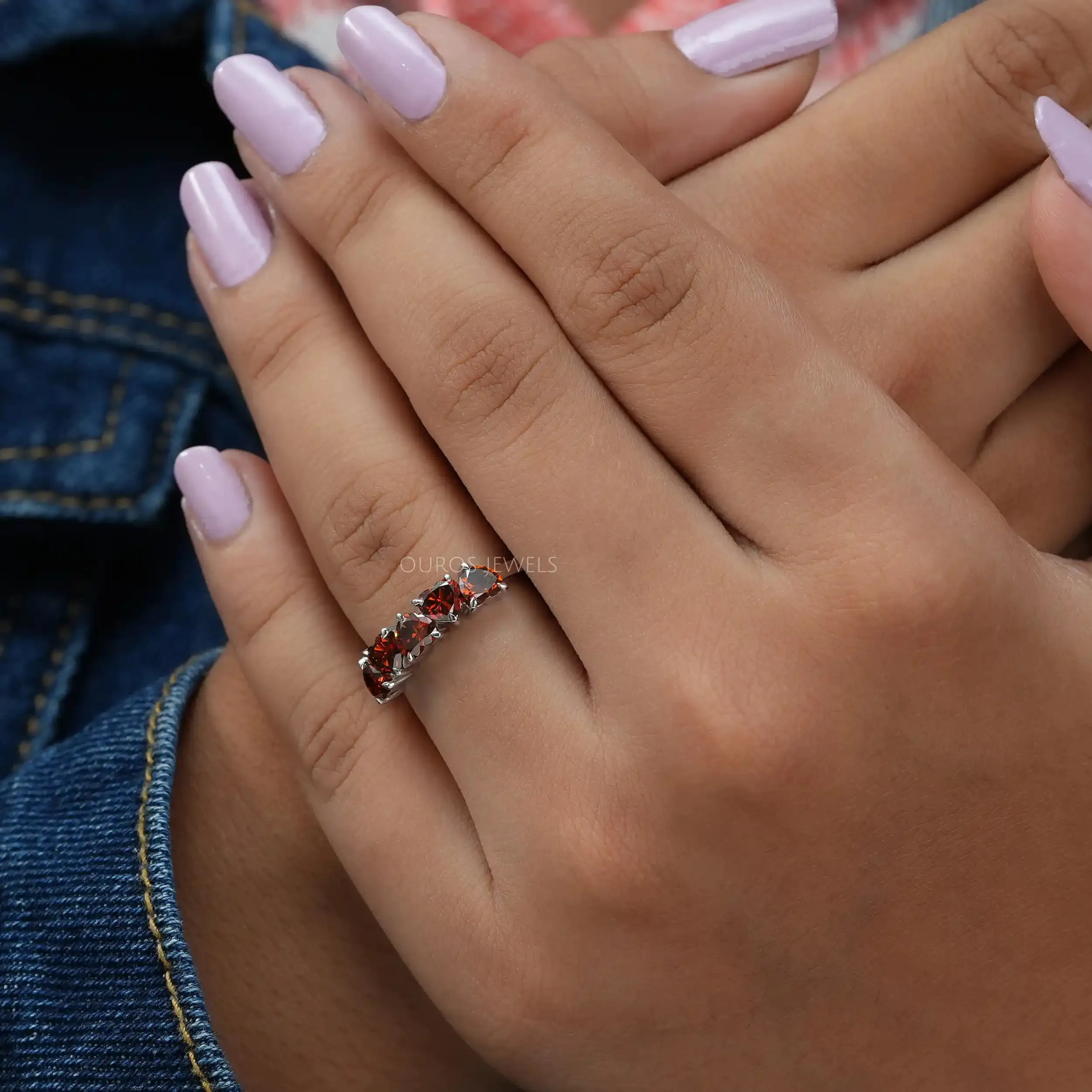 Five Stone Red Heart Cut Lab Diamond  Ring