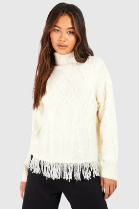 Fringe Hem Turtleneck Cable Knit Sweater