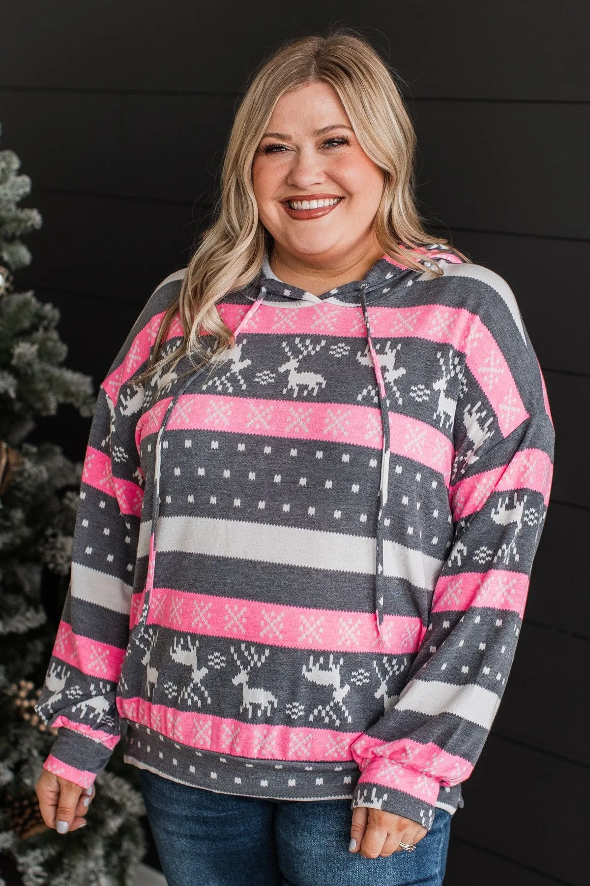 Full Of Cheer Striped Knit Hoodie- Charcoal & Pink