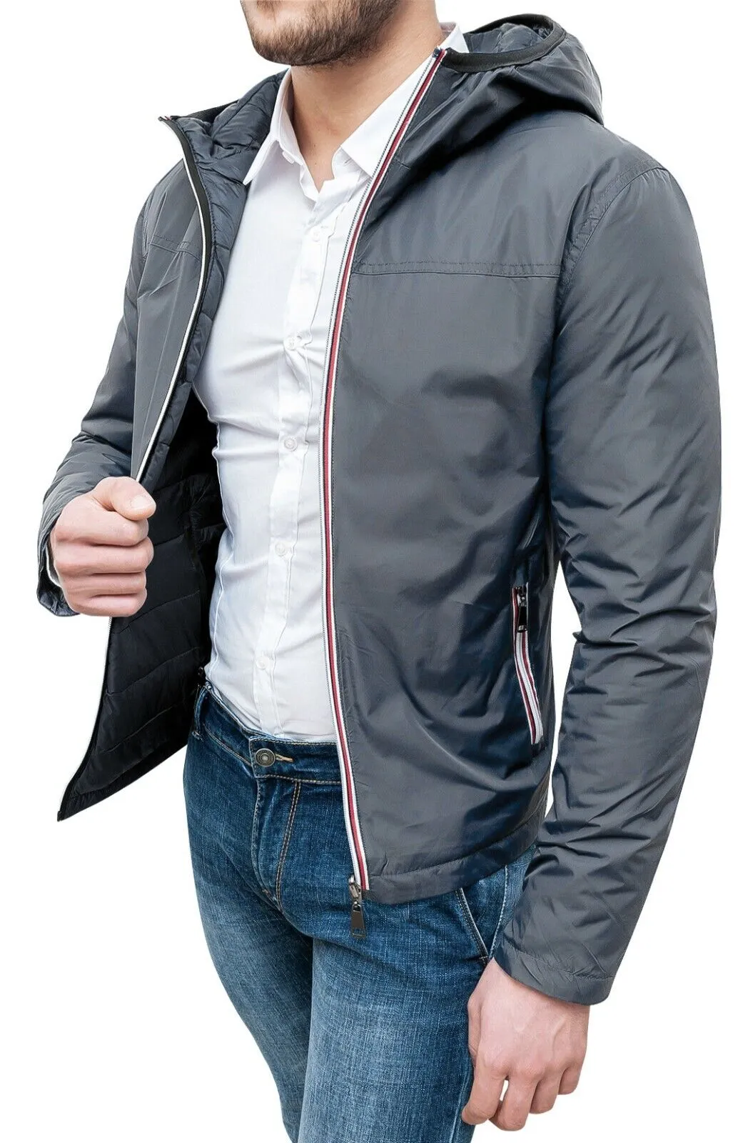 Giubbotto piumino uomo grigio slim fit casual bomber impermeabile con cappuccio