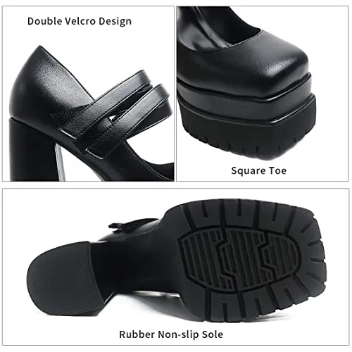 Goiphrri Chunky Block Heels For Women Double Platform Pumps Ankle Strap Square Toe Hook and Loop Dress Heeled Mary Jane Shoes