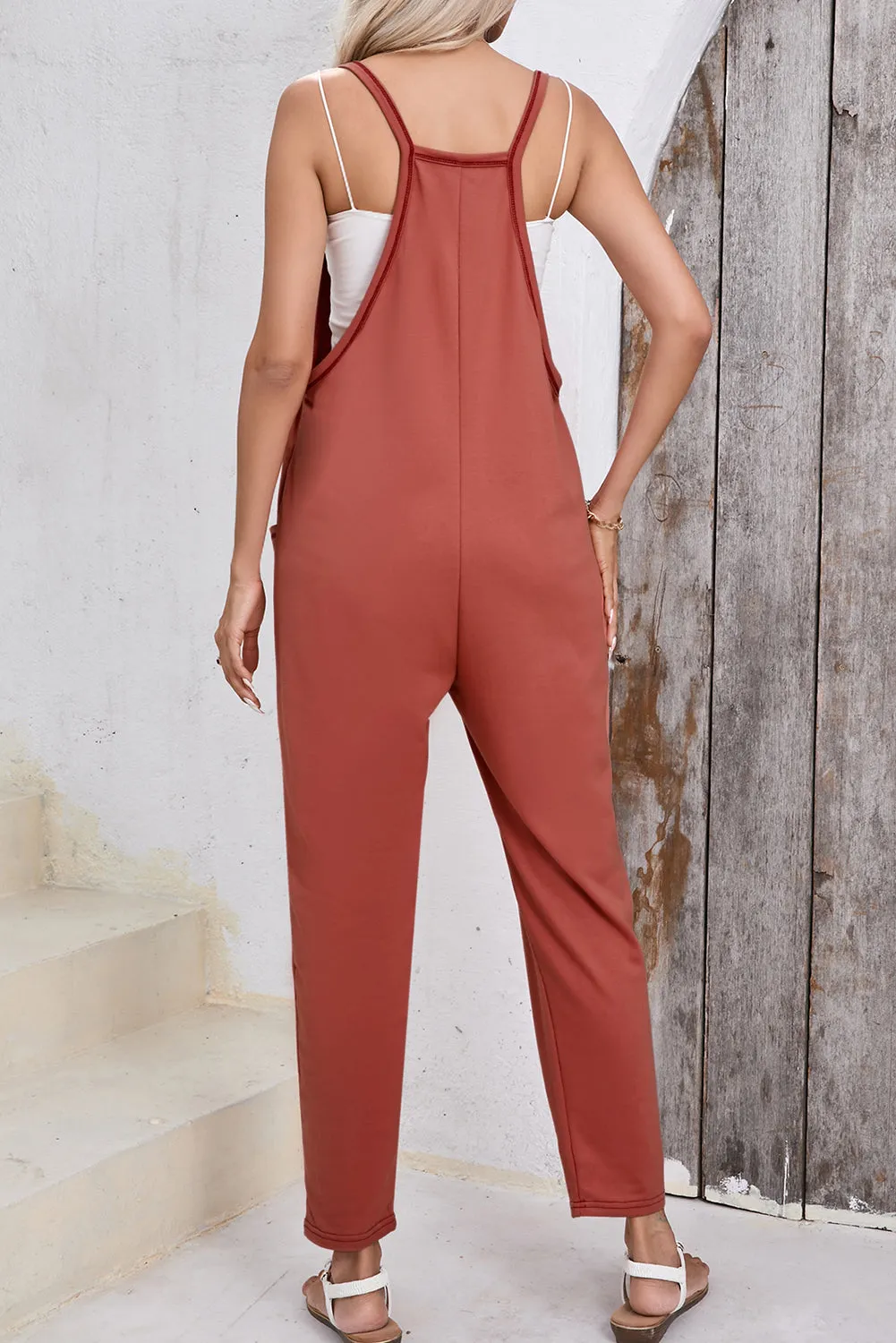 Gold Flame Side Pockets Harem Pants Sleeveless V Neck Jumpsuit