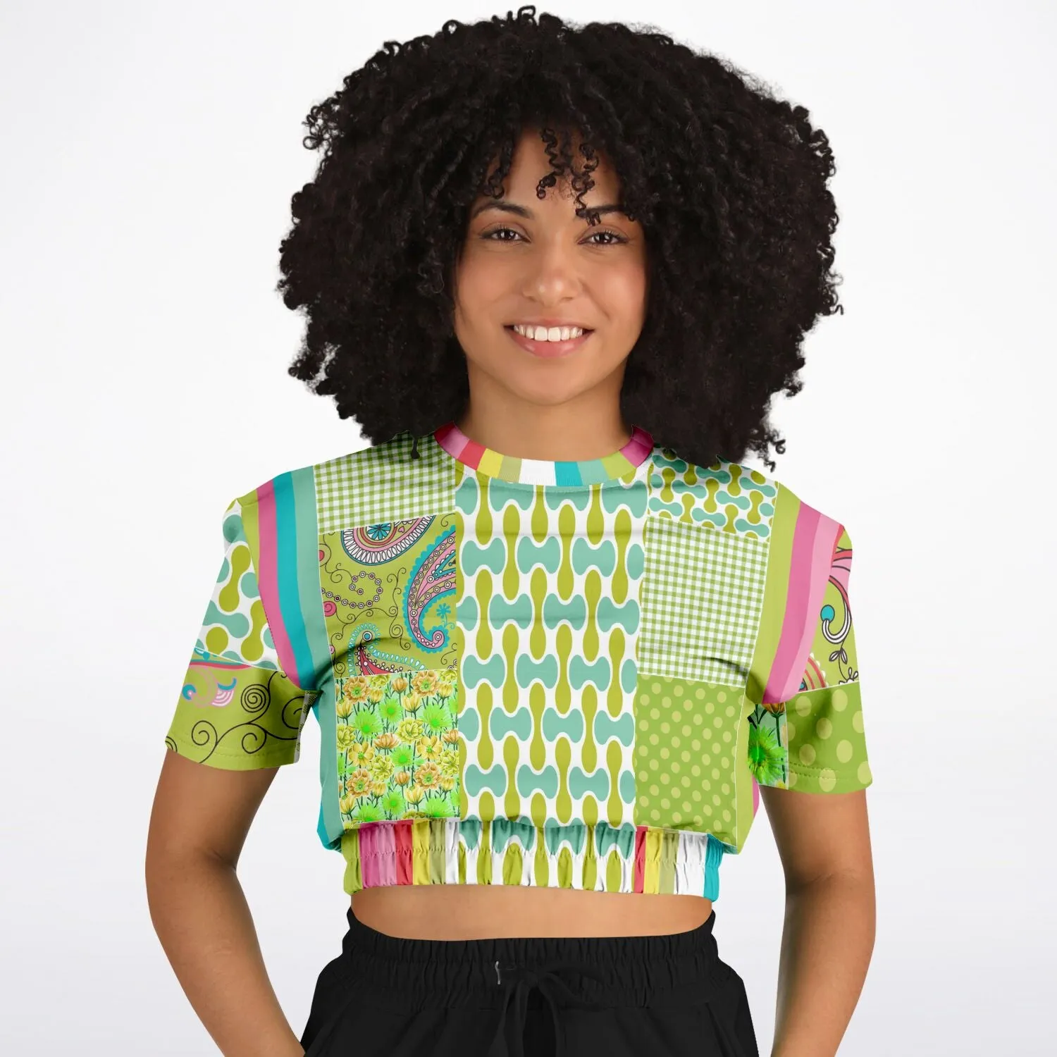 Green Anjou Pear Patchwork Short Sleeve Cropped Eco-Poly Sweater