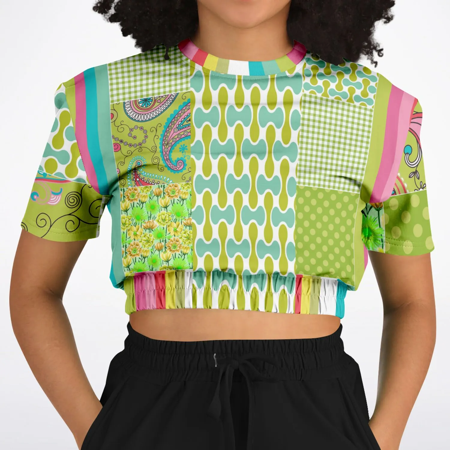 Green Anjou Pear Patchwork Short Sleeve Cropped Eco-Poly Sweater