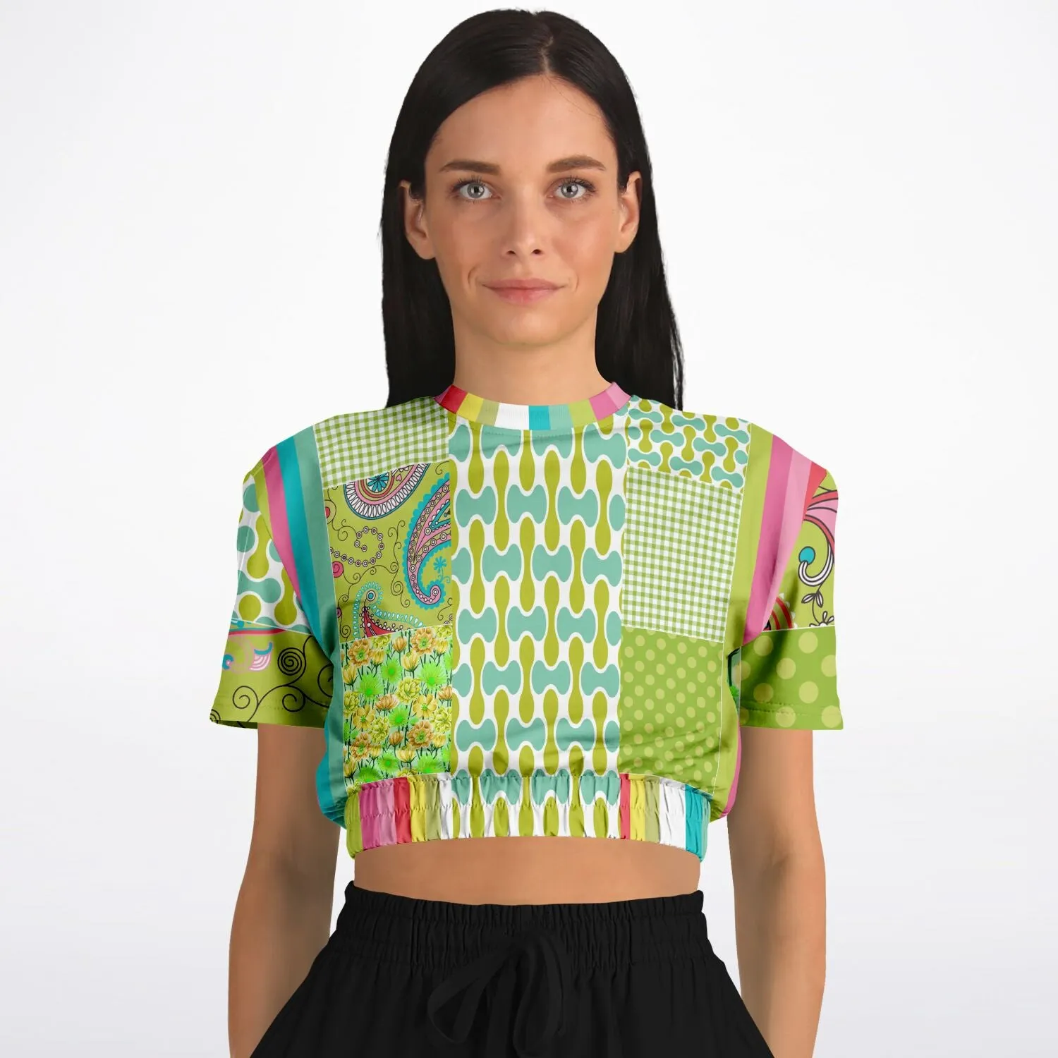 Green Anjou Pear Patchwork Short Sleeve Cropped Eco-Poly Sweater