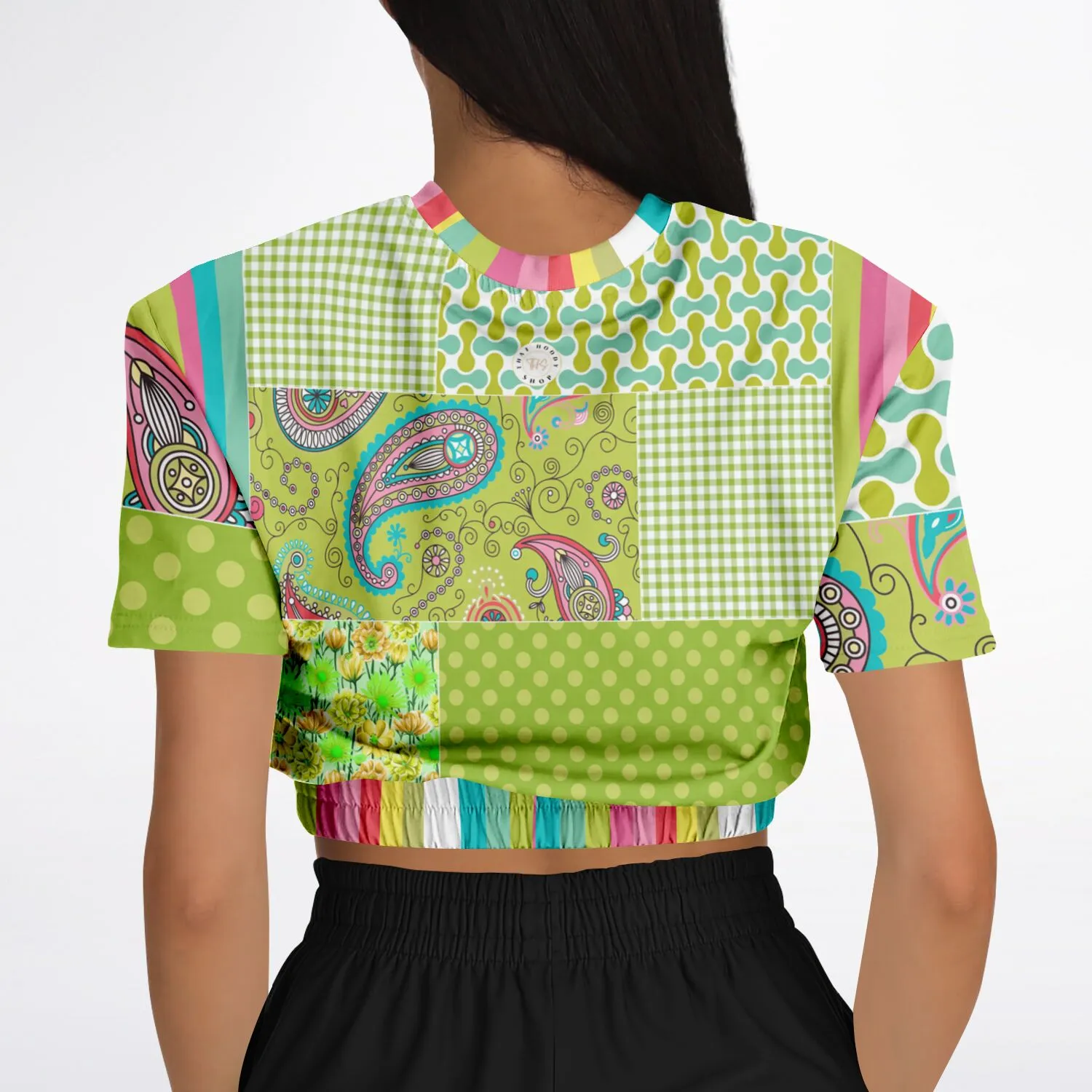 Green Anjou Pear Patchwork Short Sleeve Cropped Eco-Poly Sweater