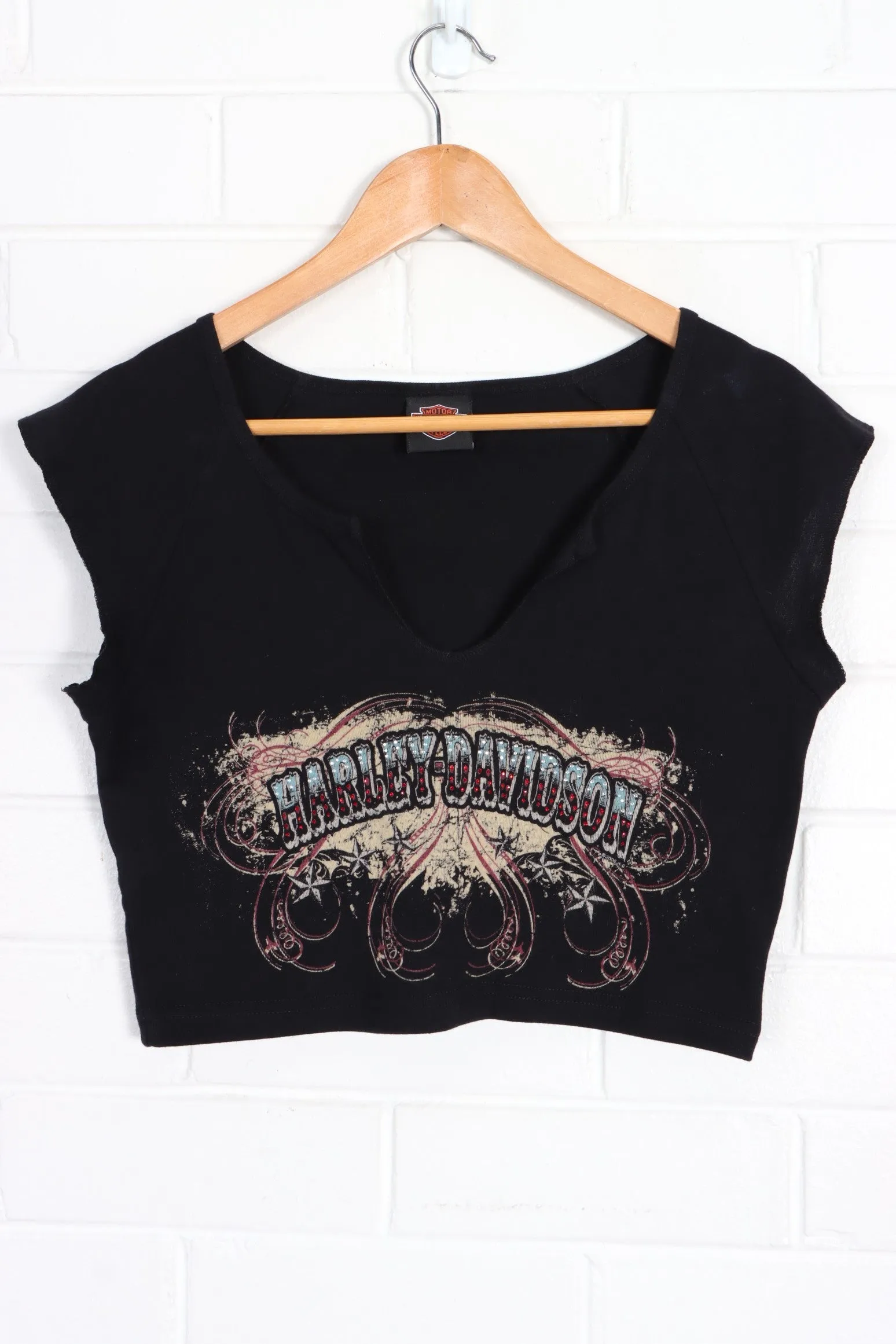 HARLEY DAVIDSON EMBELLISHED CAP SLEEVE CROP TOP (WOMEN'S 