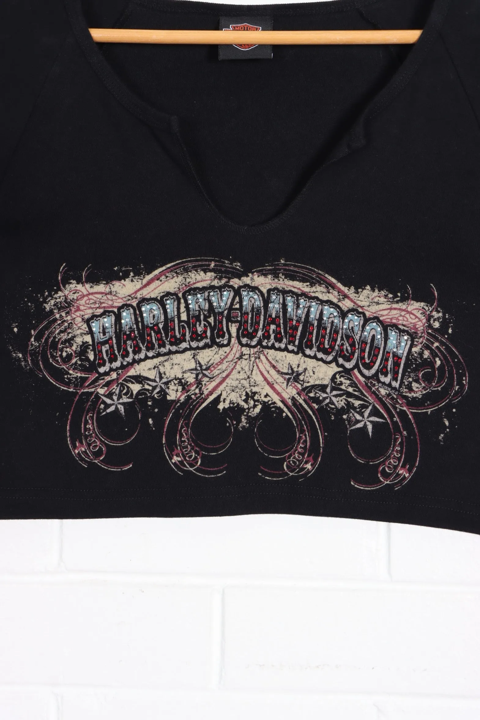 HARLEY DAVIDSON EMBELLISHED CAP SLEEVE CROP TOP (WOMEN'S 