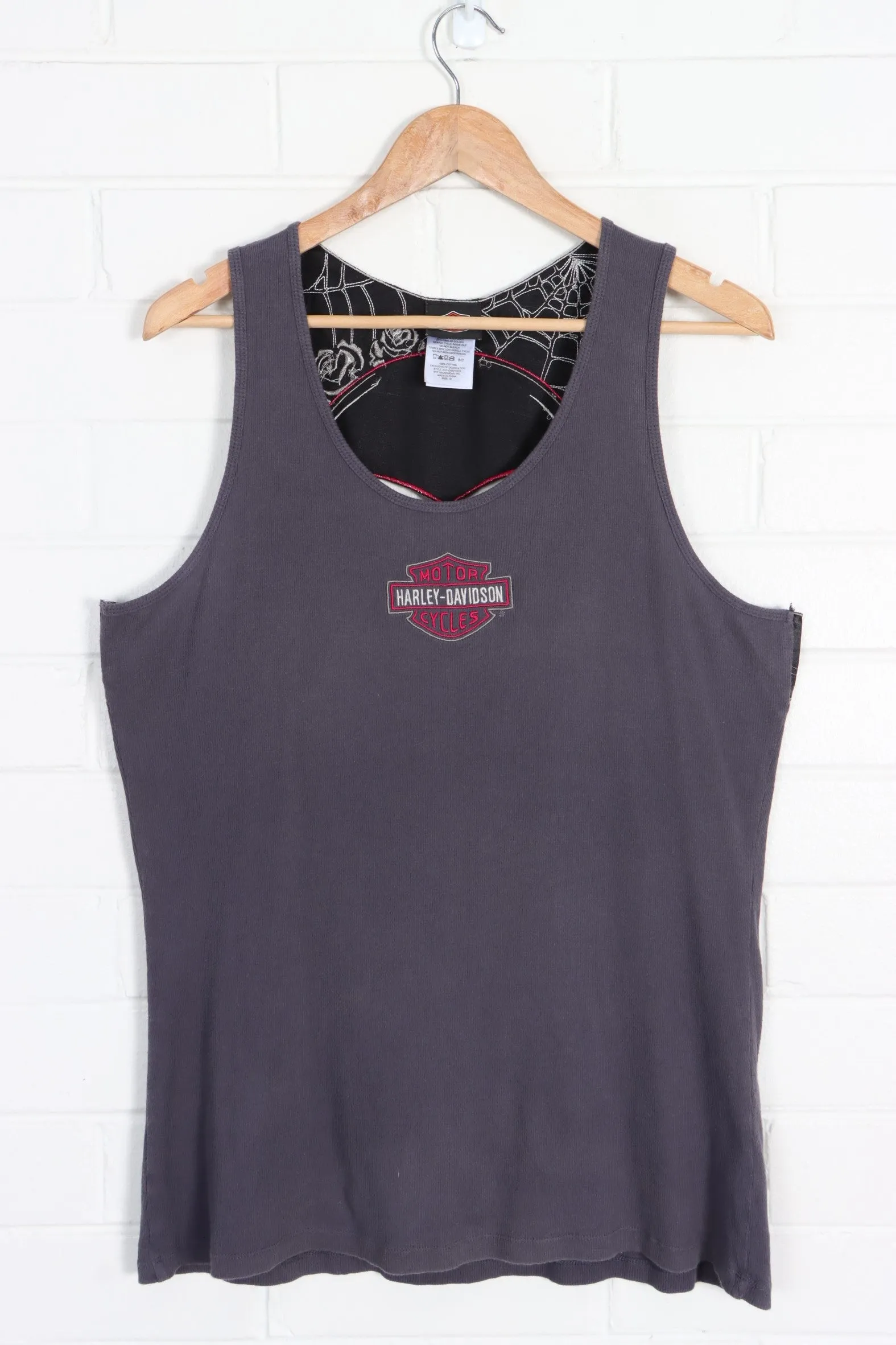 HARLEY DAVIDSON Skull & Roses Cut Out Y2K Tank Top (Women's L)