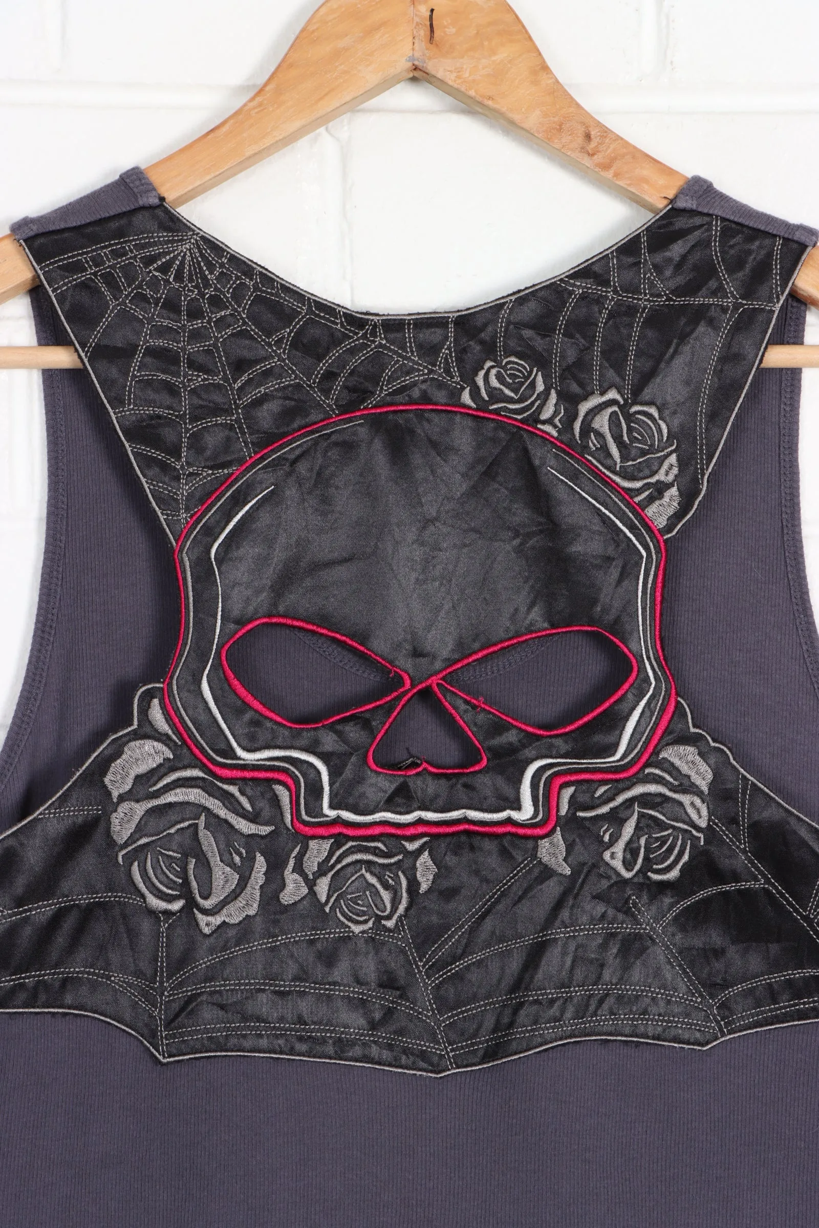 HARLEY DAVIDSON Skull & Roses Cut Out Y2K Tank Top (Women's L)