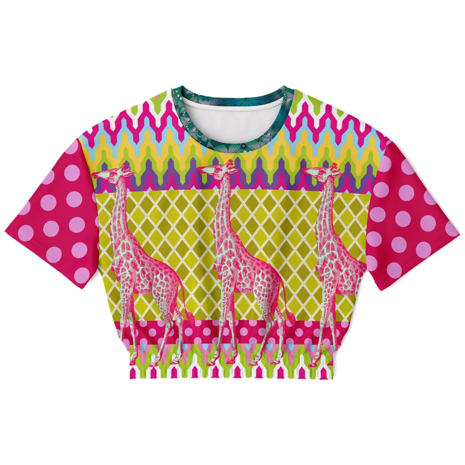 Hello Janis! Pink Geo Giraffe Print Short Sleeve Cropped Sweater