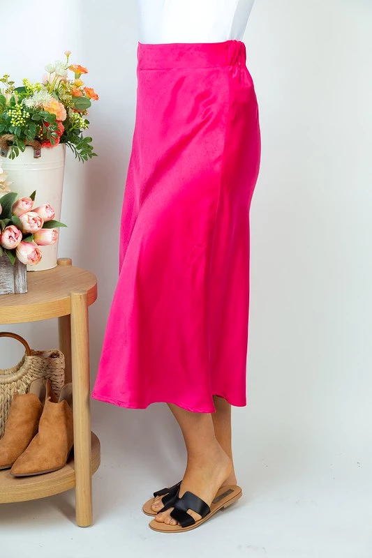 High Waist Woven A-line Midi Skirt (Hot Pink/Black)