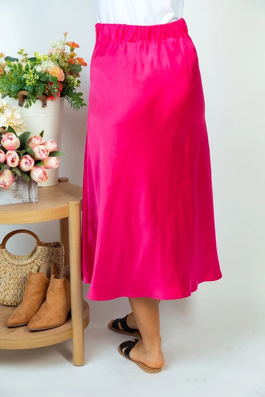 High Waist Woven A-line Midi Skirt (Hot Pink/Black)