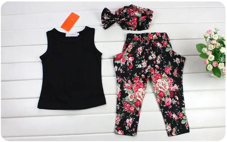 Hot Summer Kids Girls Clothes Sleeveless Vest Floral Pants Scarf Children Fashion Style 3PCS Baby Girl Clothing Sets Outfits S13