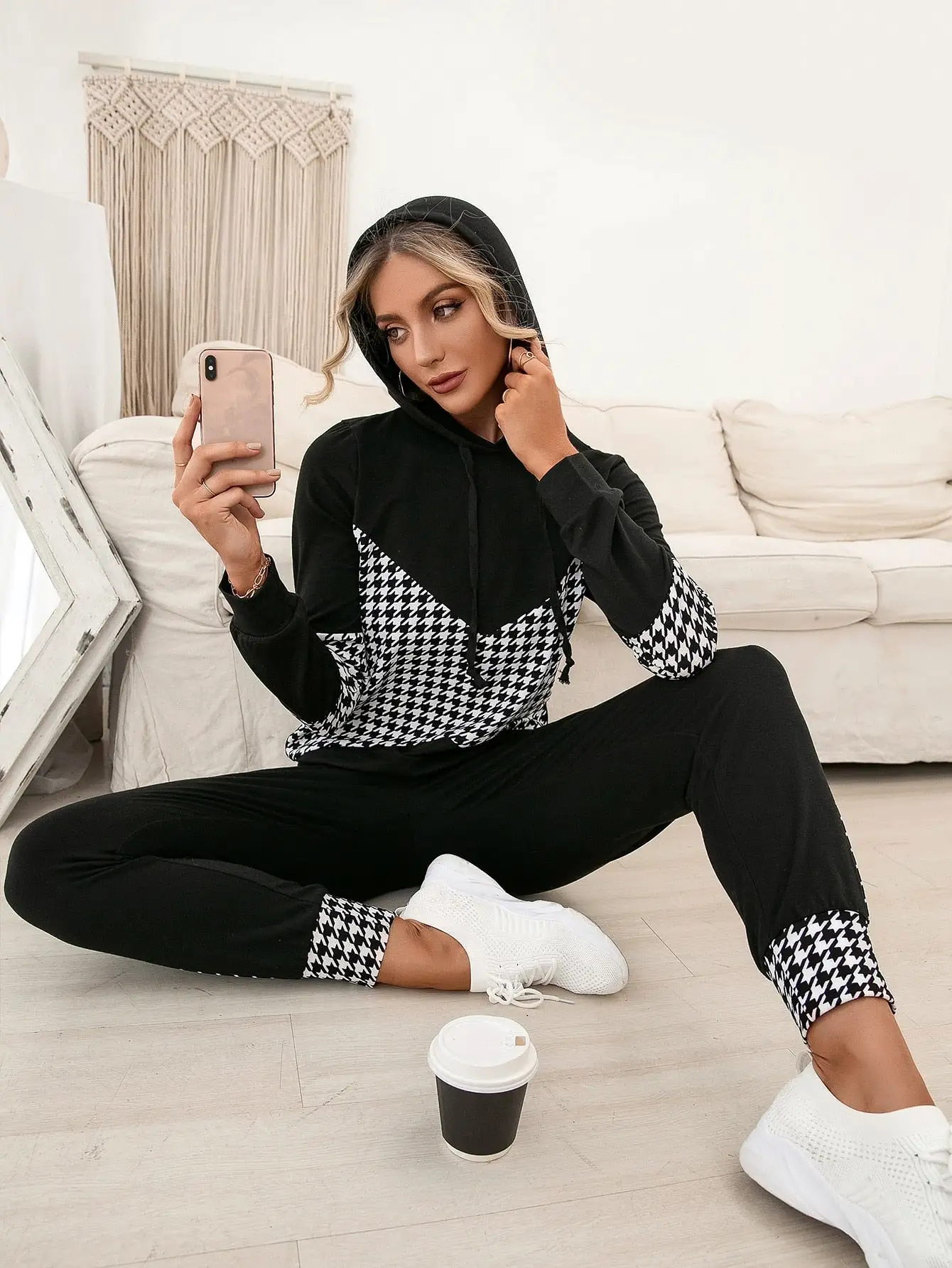 Houndstooth Drawstring Hoodie Sweatpants