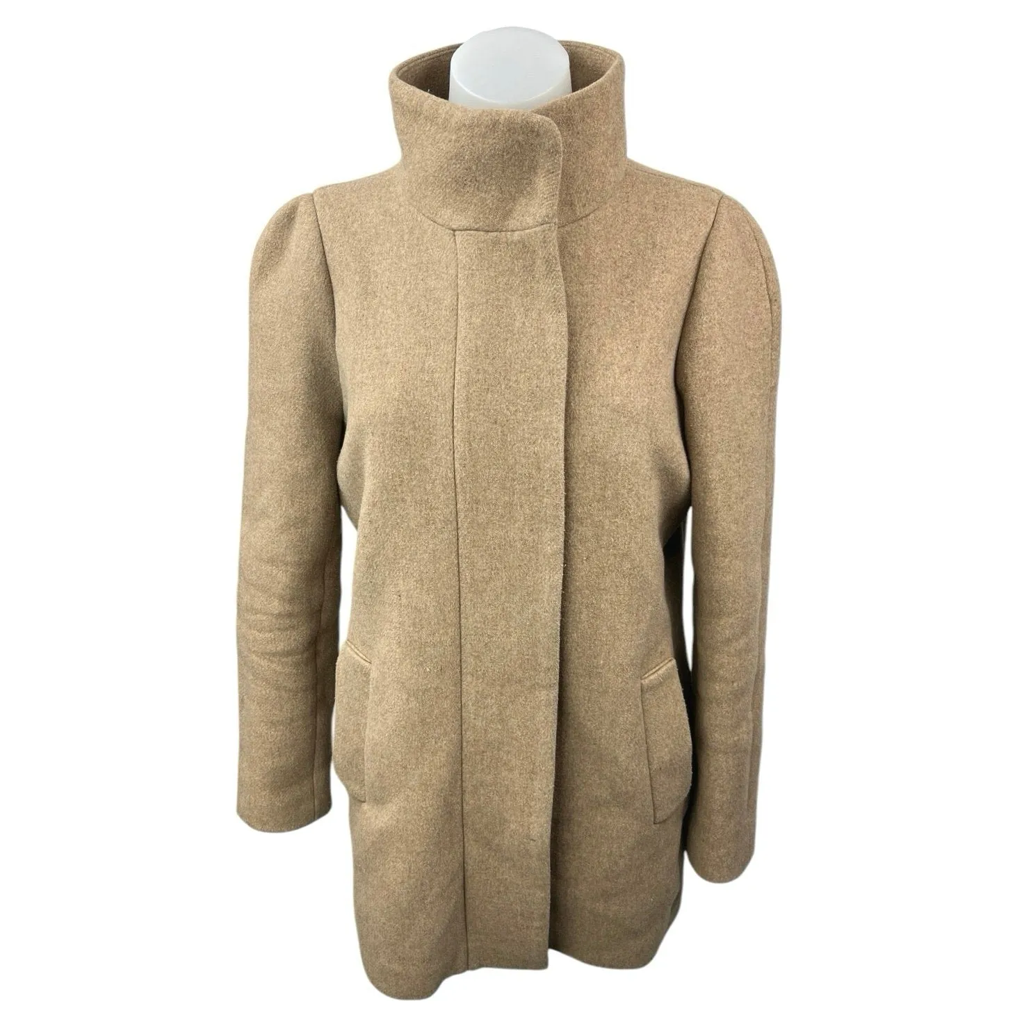 J.crew City Coat Women's Beige Tan Wool Funnel Neck Full Zip Pea Coat Jacket 4