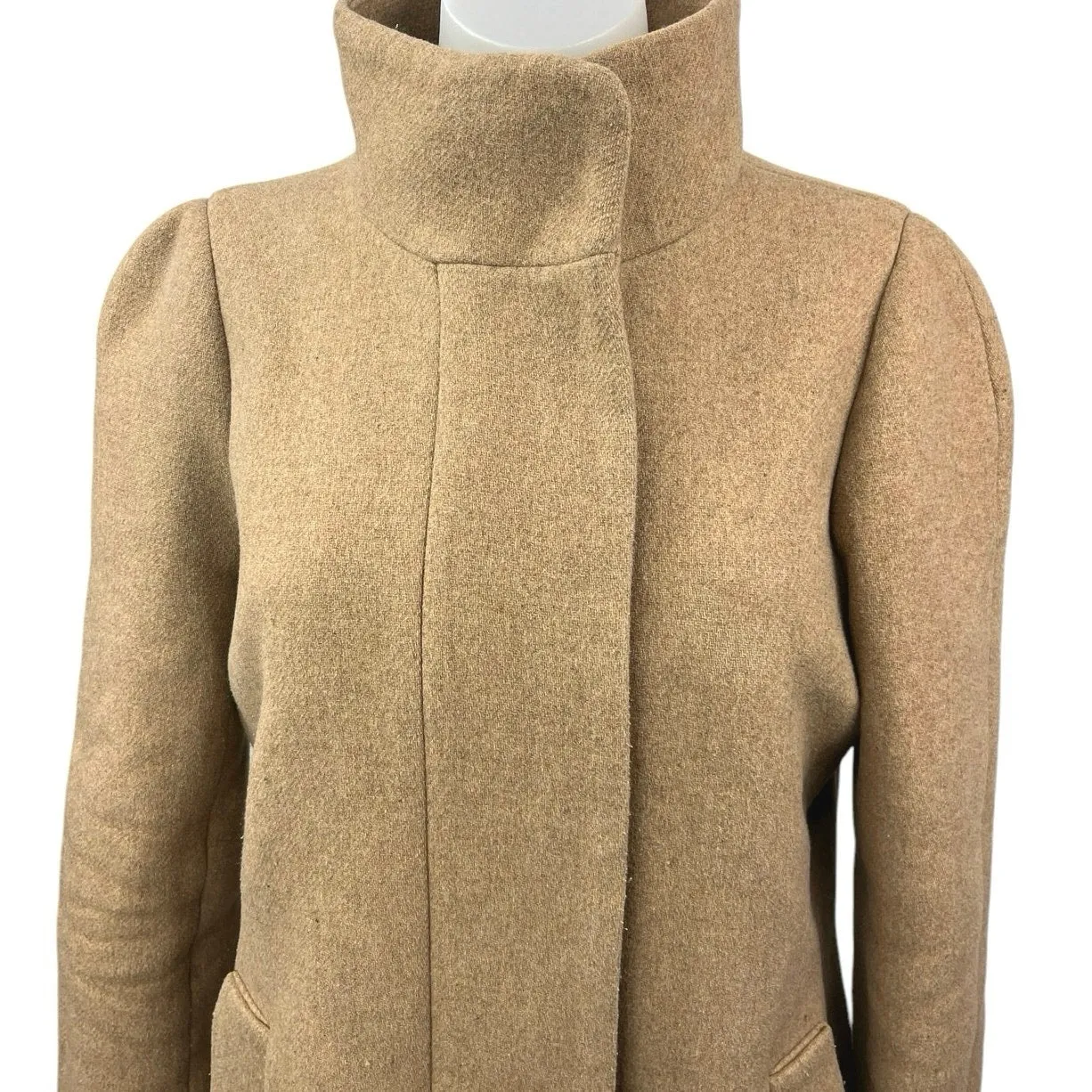 J.crew City Coat Women's Beige Tan Wool Funnel Neck Full Zip Pea Coat Jacket 4