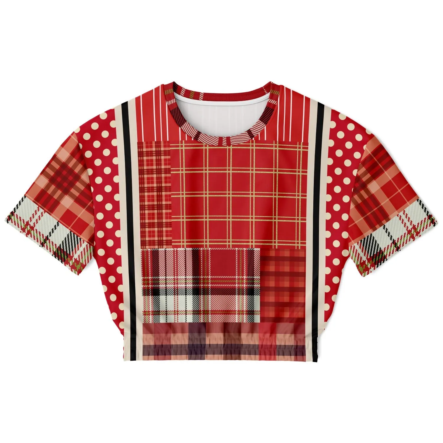 Jersey Salsa Plaid Patchwork Short Sleeve Cropped Eco-Poly Sweater