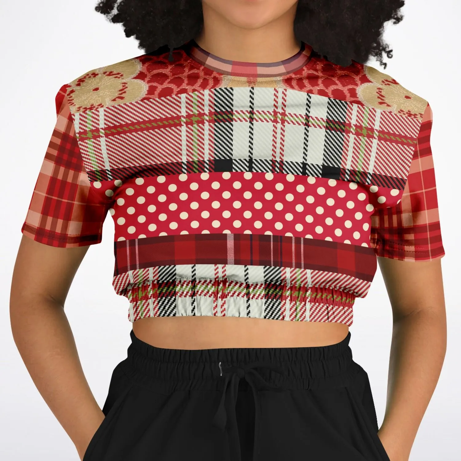 Jersey Salsa Red Plaid Short Sleeve Cropped Eco-Poly Sweater