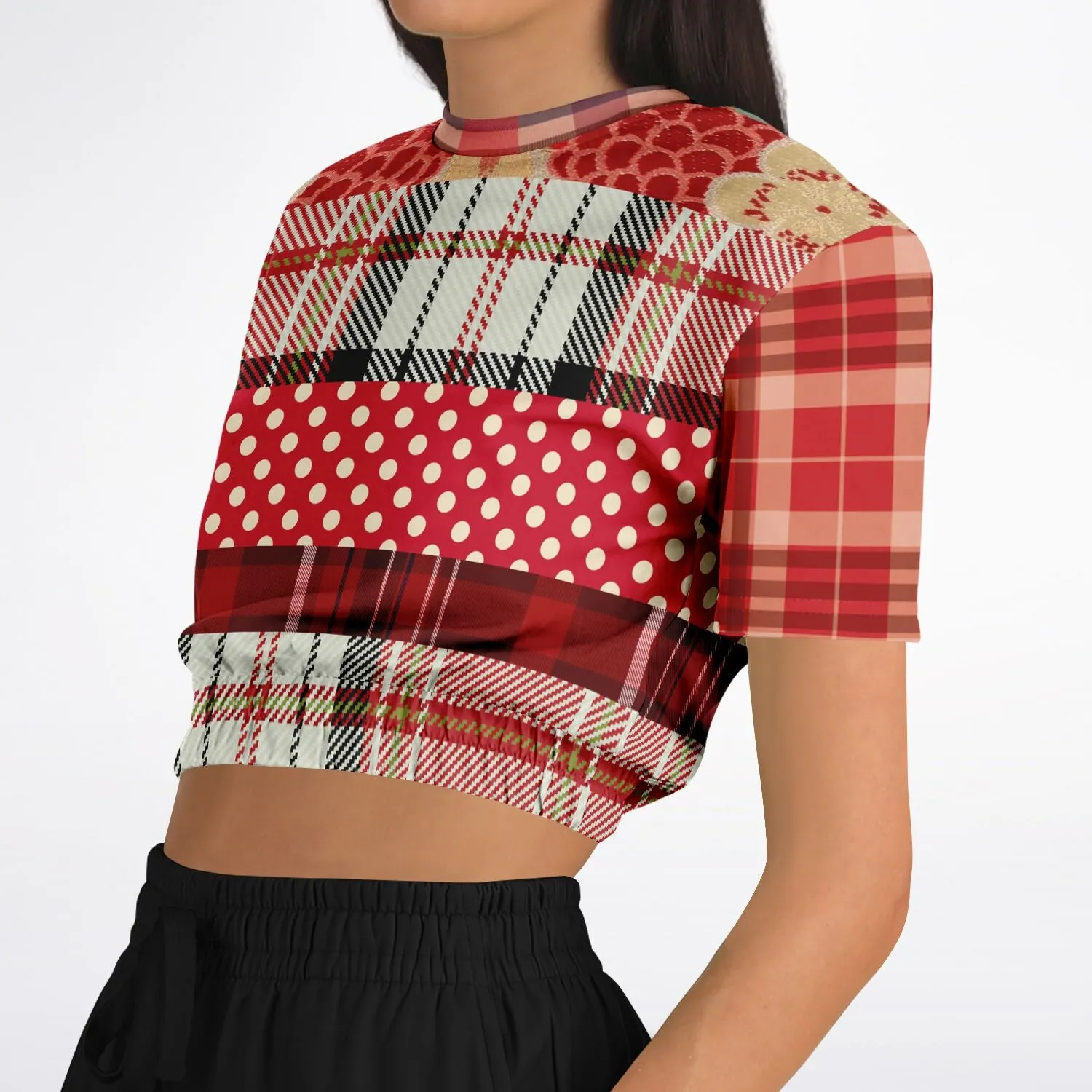 Jersey Salsa Red Plaid Short Sleeve Cropped Eco-Poly Sweater