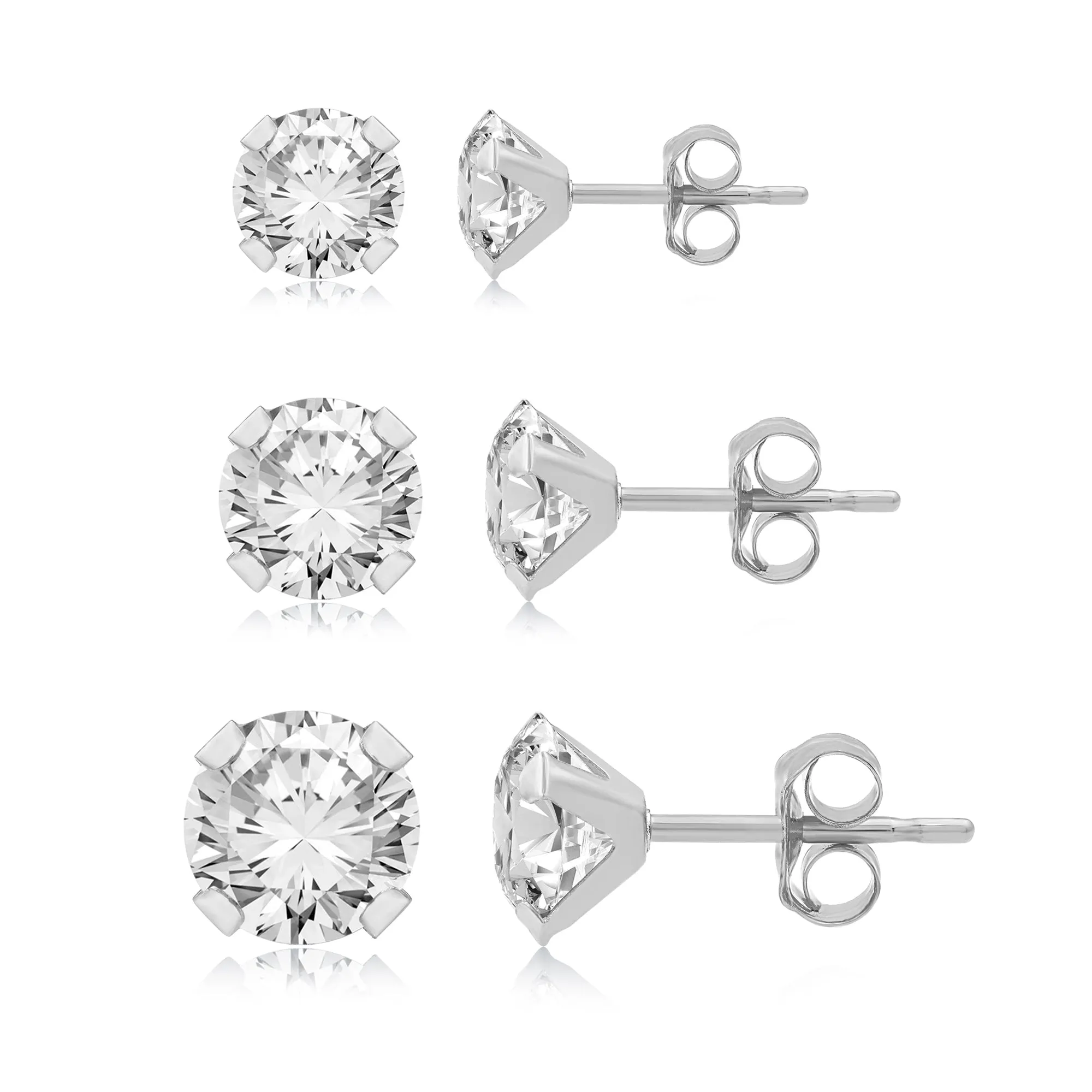 Jewelili 10K White Gold with Round Cut Cubic Zirconia Stud Earrings Set