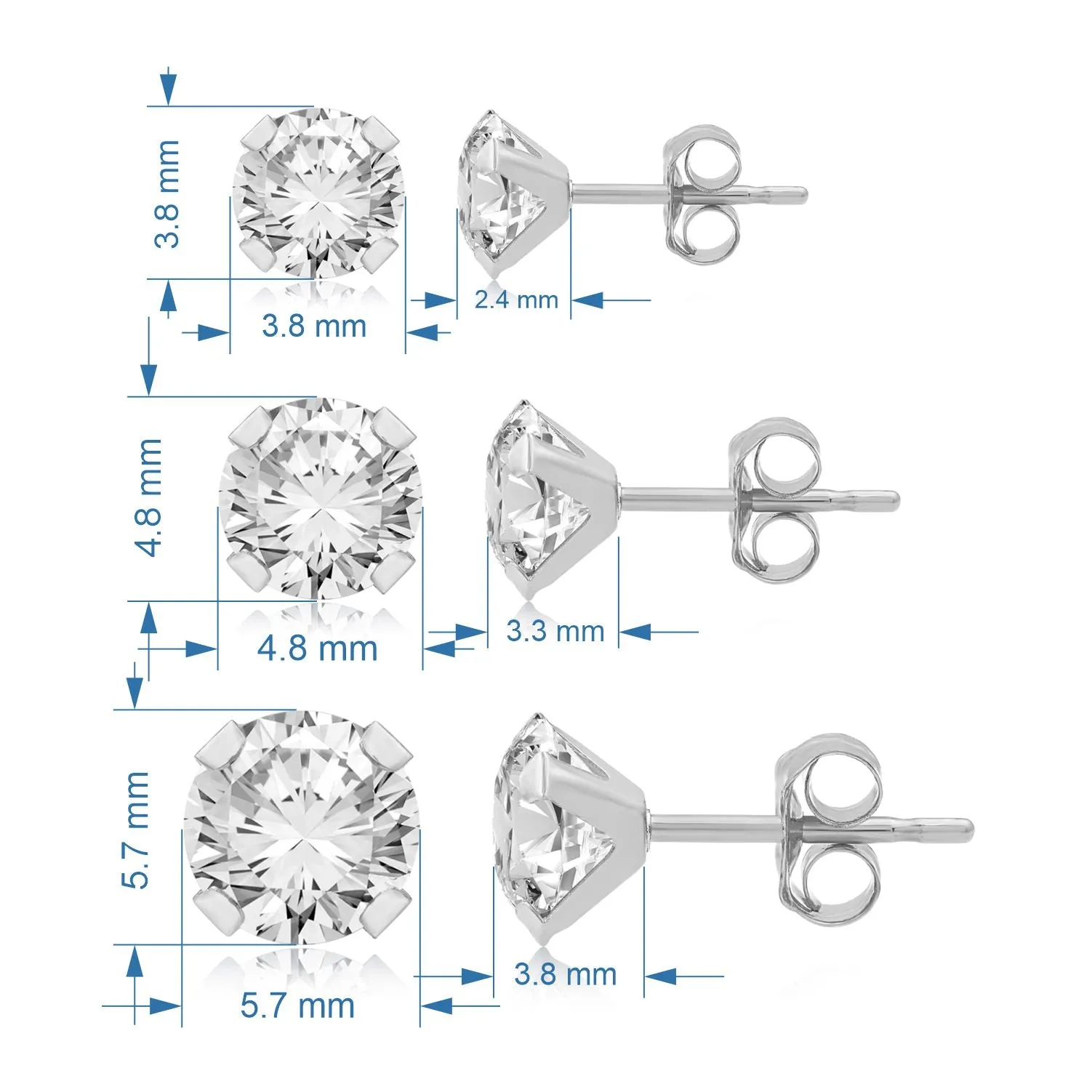 Jewelili 10K White Gold with Round Cut Cubic Zirconia Stud Earrings Set