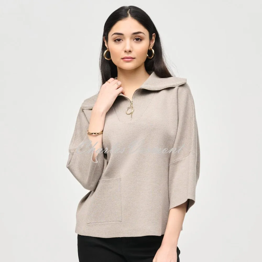 Joseph Ribkoff Zip Collar Sweater Top - Style 243954 (Taupe Melange)