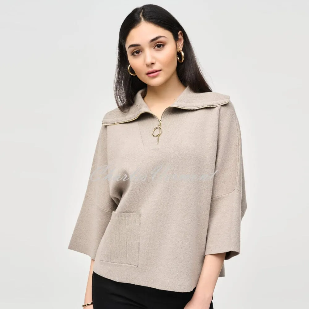 Joseph Ribkoff Zip Collar Sweater Top - Style 243954 (Taupe Melange)