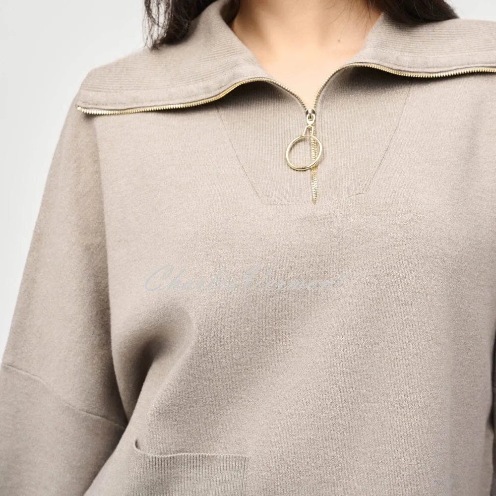 Joseph Ribkoff Zip Collar Sweater Top - Style 243954 (Taupe Melange)